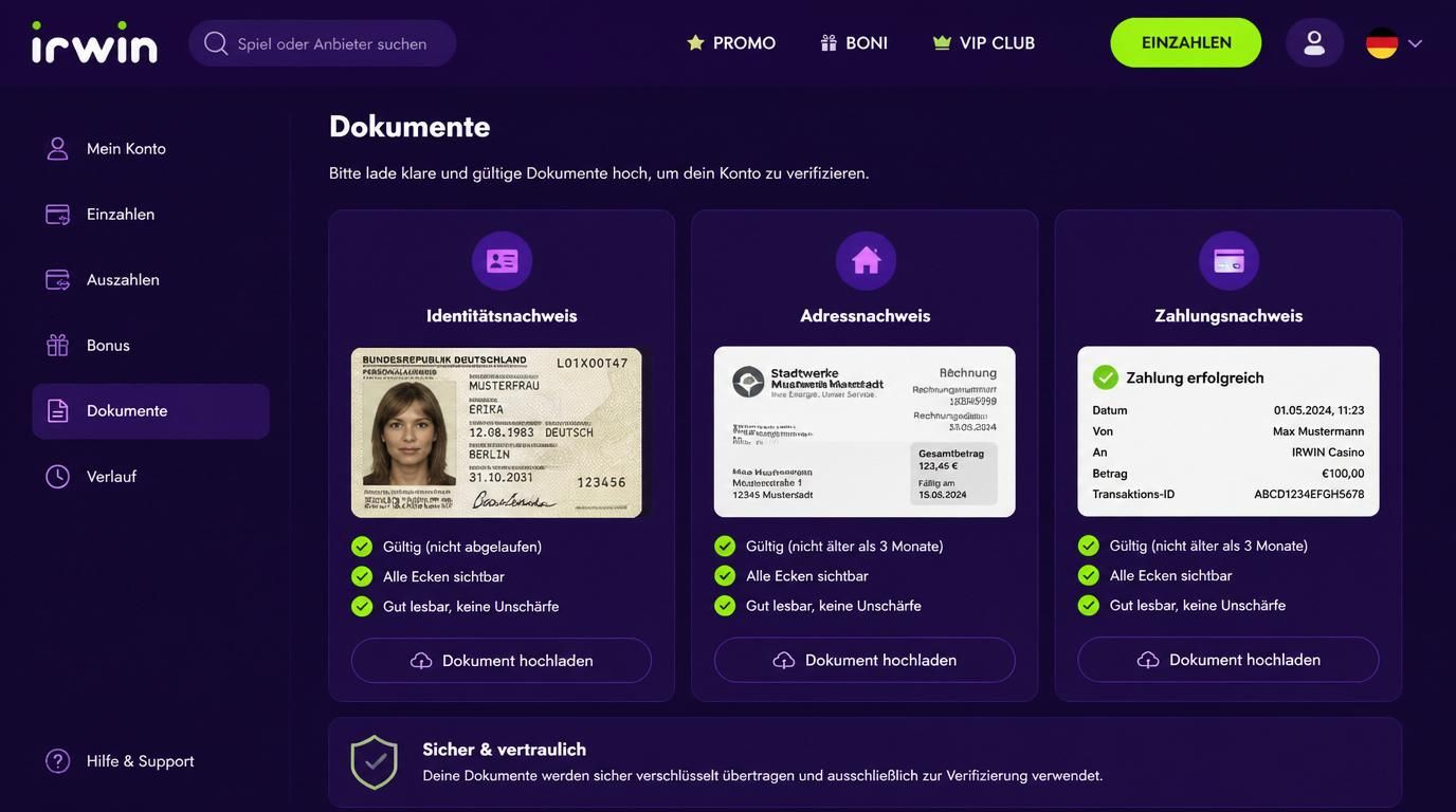 Verschiedene Dokumenttypen für Verifizierung