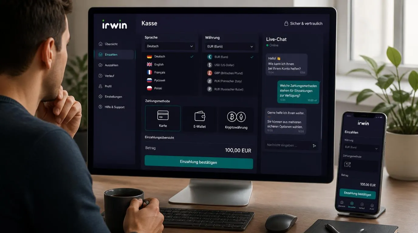 Illustration einer Casino-Kasse mit Sprachauswahl, Währungseinstellung, Zahlungsarten und Live-Chat