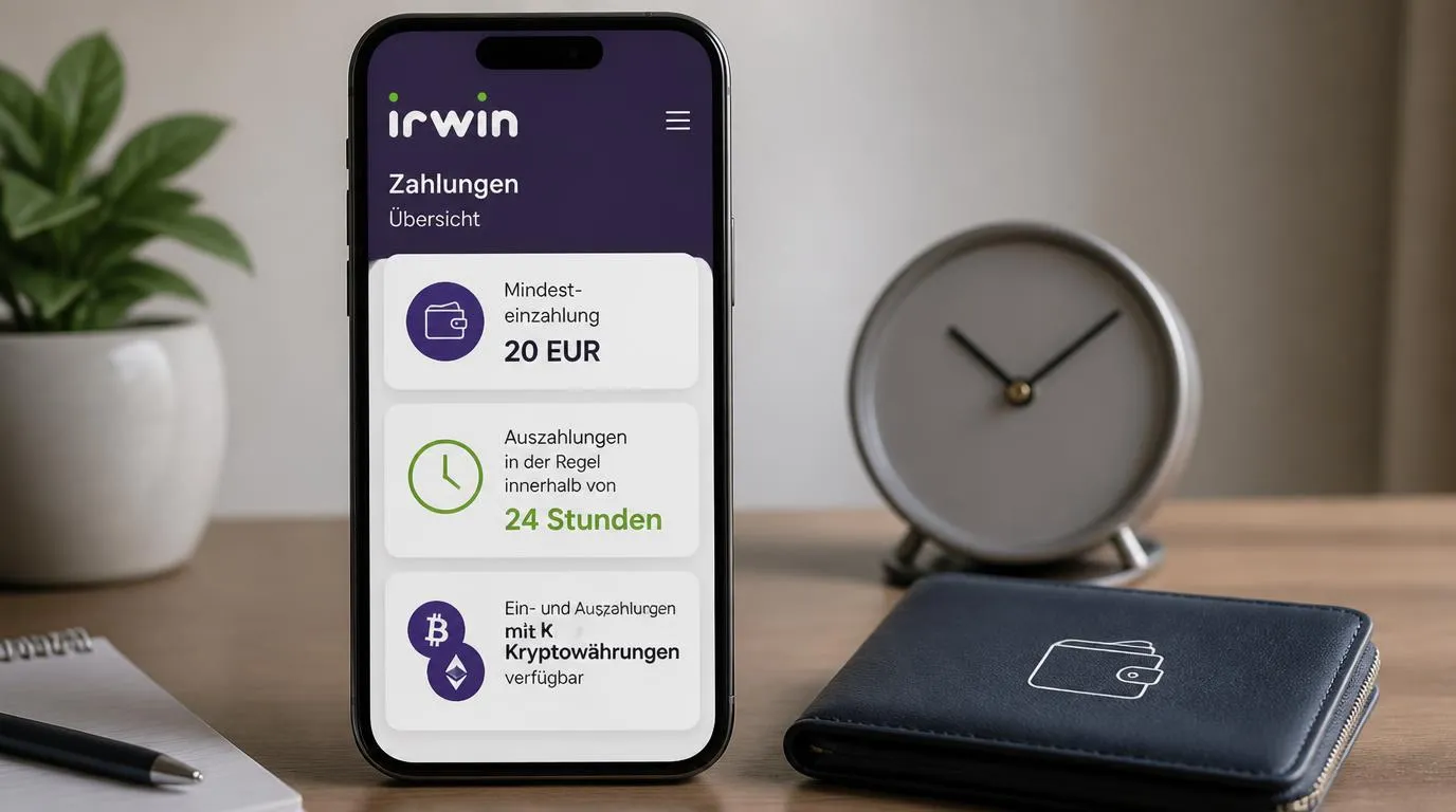 Smartphone mit Zahlungsübersicht, 20 EUR Mindesteinzahlung, Auszahlung binnen 24 Stunden und Krypto-Option