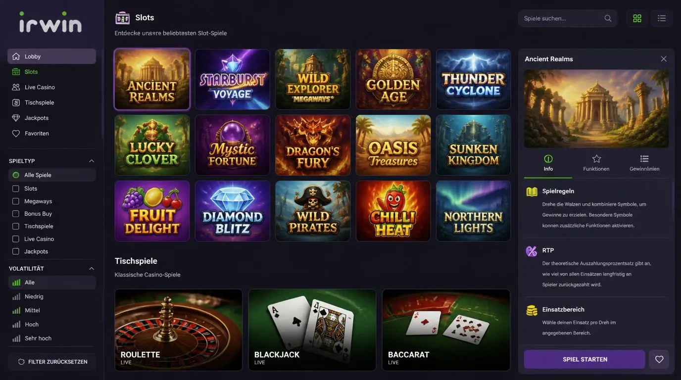 Casino-Lobby mit Slot-Kacheln, digitalen Tischspielen und Filtern für Spielarten