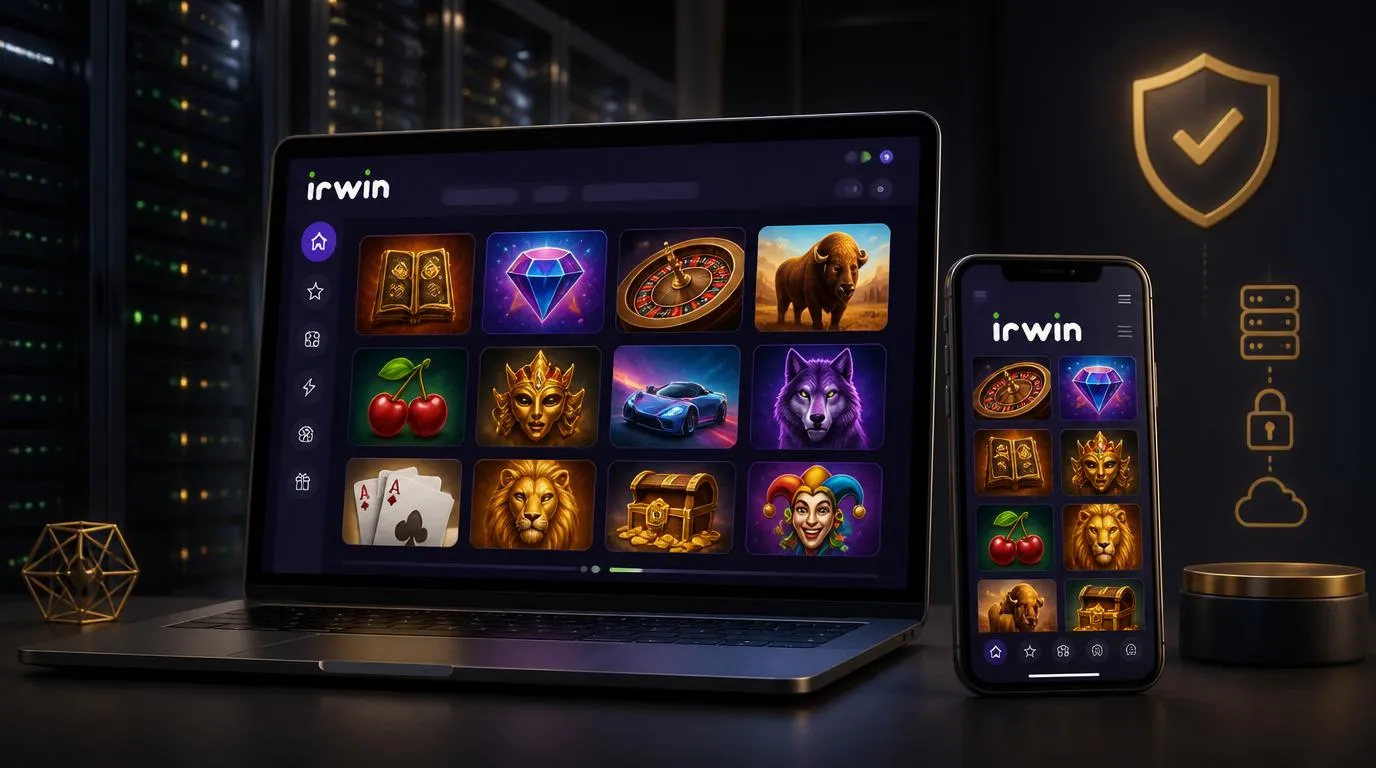 Casino-Oberfläche auf Laptop und Smartphone vor einer abstrahierten stabilen Serverinfrastruktur