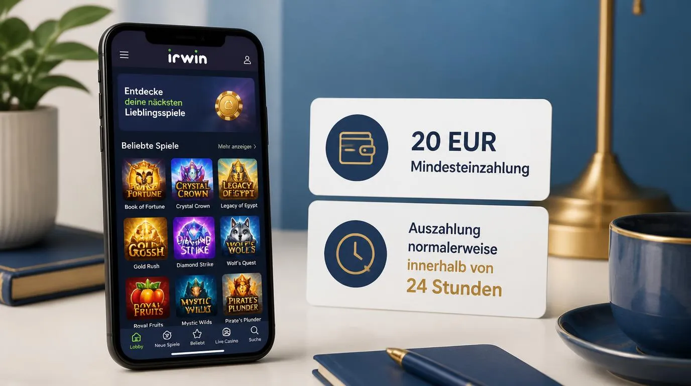 Smartphone mit Casino-Spielauswahl sowie Hinweisen auf 20 EUR Mindesteinzahlung und Auszahlungen innerhalb von 24 Stunden
