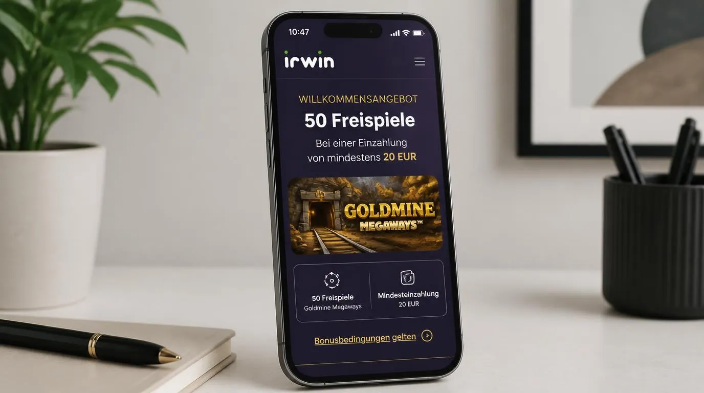 Smartphone mit Casino-Bonusansicht für 50 Freispiele und einer Einzahlung von 20 EUR